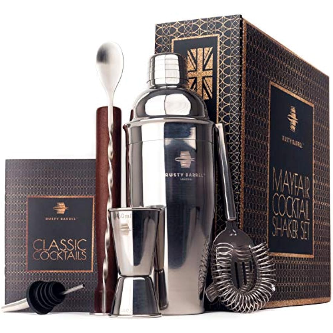 Rusty Barrel Cocktail Making Kit - Beautifully Presented Cocktail Shaker Set - Premium Cocktail Set with Cocktail Shaker and Bar Accessories for Home Pub - Cocktail Gift Set in a Beautiful Gift Box