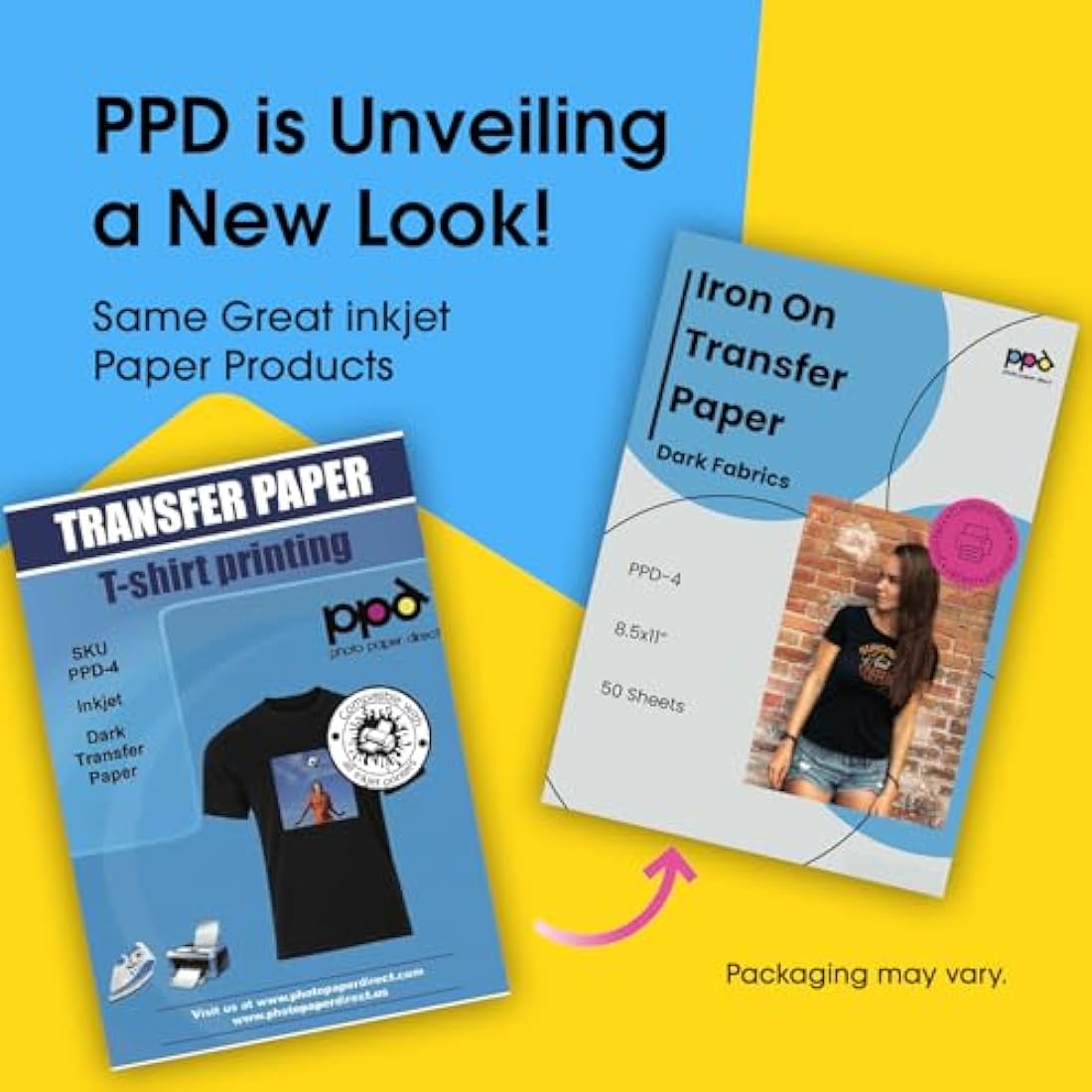 PPD Iron on Transfer Paper for Dark Fabric Compatible with Inkjet Printer, A4, 8.5 x 11 Printable T Shirt Heat Transfer Papers, Custom Print Photo, Durable, Flexible & Machine Washable (50 Sheets)