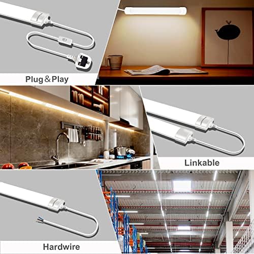 BERIXDEEP LED Batten Light 6500K Daylight, Linkable LED Fluorescent Strip Fitting for Garage, Workshop, Office, Wall, Kitchen, Shed, IP65 Waterproof Plug in Ceiling Light Strip, 4FT, 120cm, 36W