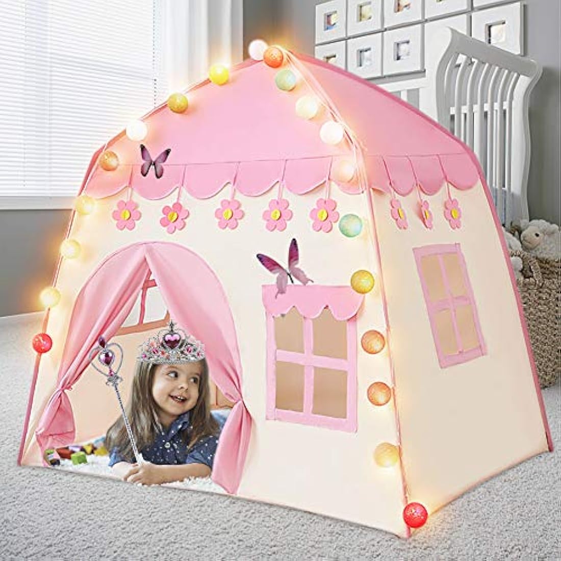 Labeol Princess Castle Play Tent Large Kids Play House for Indoor and Outdoor with Cotton Ball Lights Crown Magic Wand Safety Non-toxic Great Gift for Girls 130 * 100 * 130