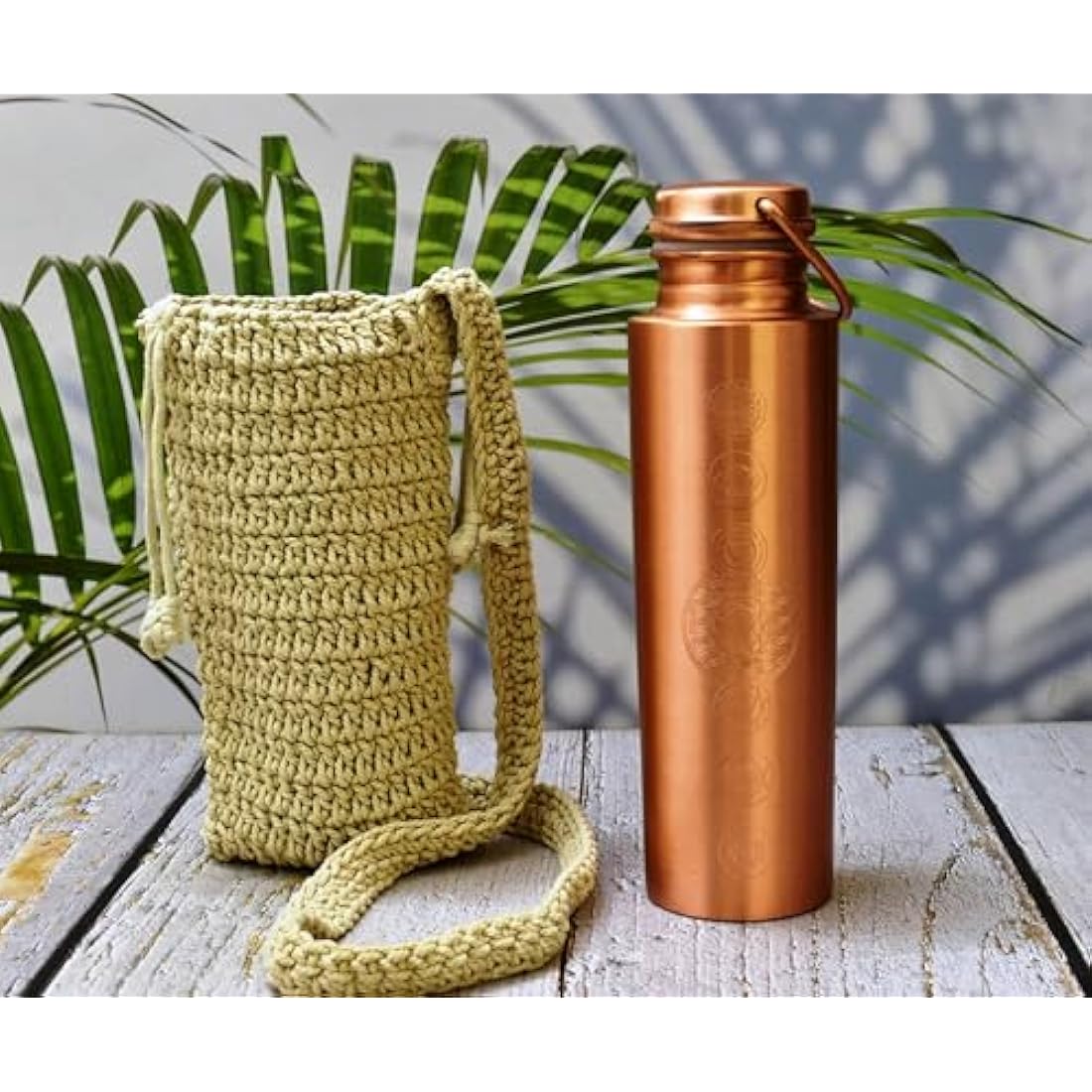 Copper Bottle 7 Chakra 100% Pure Copper and carry bag/Water Bottle/1000ml/Meditation/Gym/Yoga from India (Matt finishing)