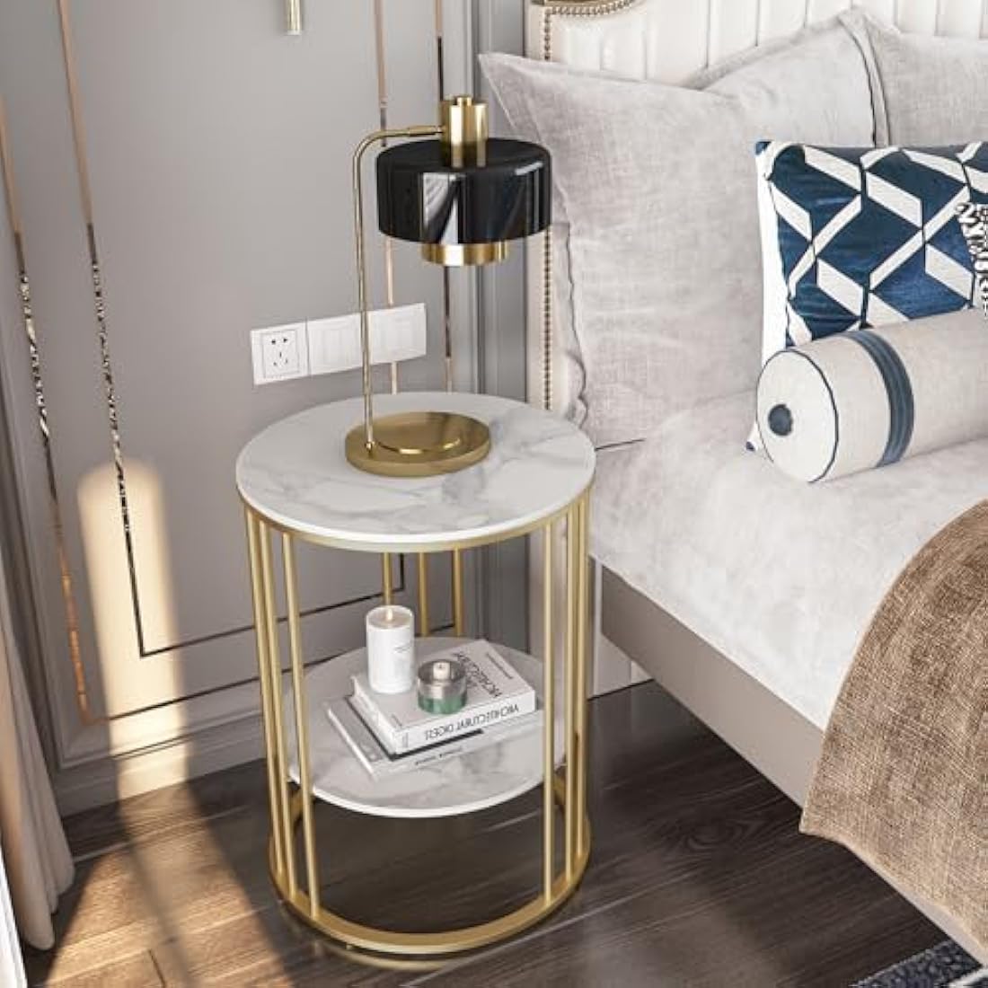 Marble Top Side Table Gold: Small Circle End Tables 40 x 54cm Sintered Stone Bedside with Metal Golden Legs Modern White Nightstand 2 Tier Round Sofa Coffee Table for Bedroom Living Room Furniture