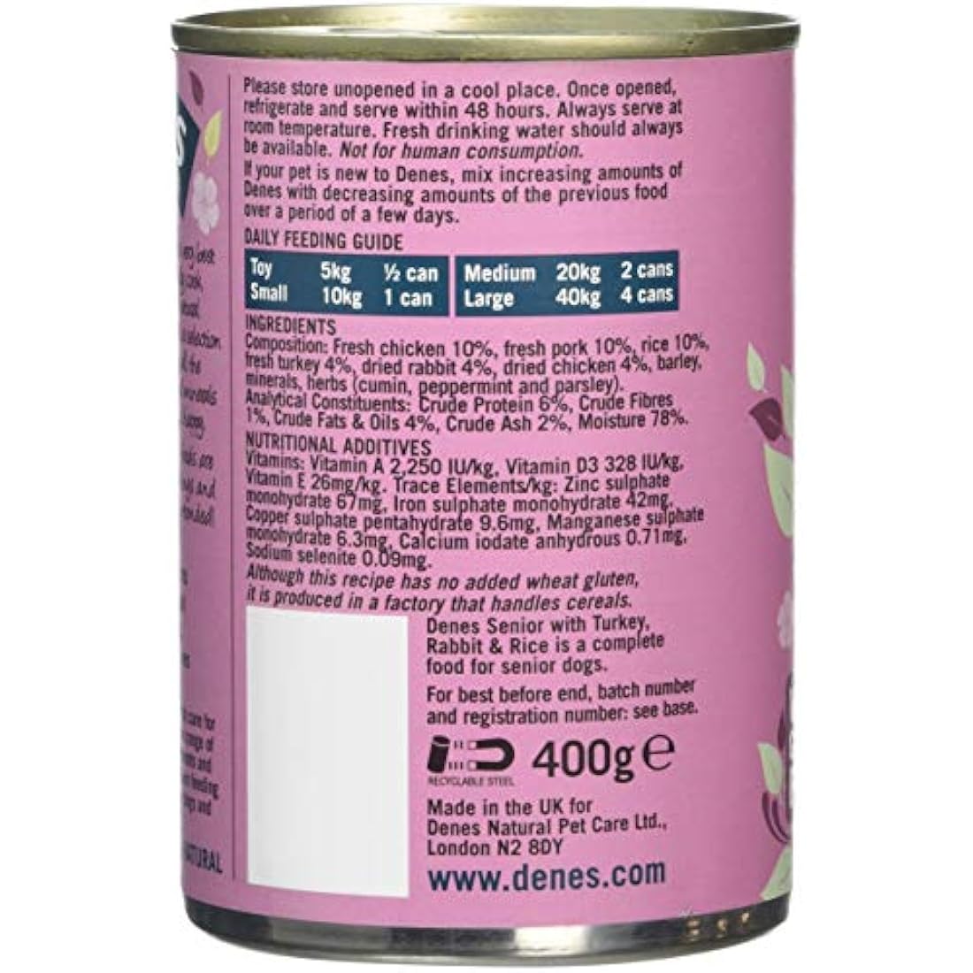 Denes Complete Senior Wet Dog Food Turkey Rabbit and Rice, 12 x 400 g