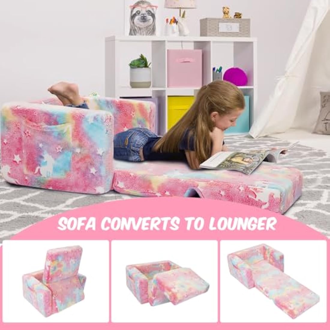 SLIGUY Toddler Couch, Kids Convertible Sofa to Lounger Pull Out Couch, Glow in the Dark Sofa Chair Gifts for Boys and Girls (Pink Unicorn)