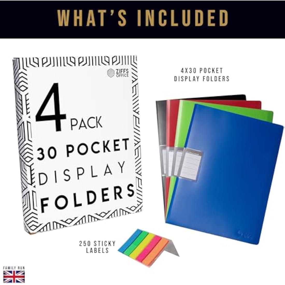 Ziffs Office® 4 x 30 Pocket A4 Display Folders - A4 Display Folders with Plastic Pockets - Display Book - Presentation Folders - 250 Sticky Labels Included - Project Folder - British Brand