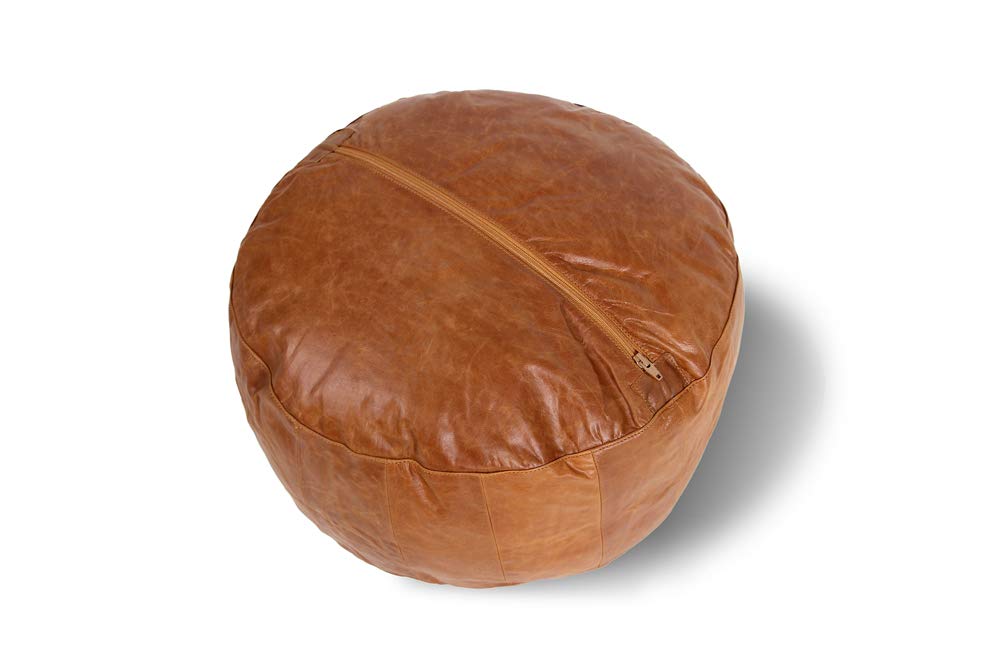 Woodland Leather Tan Morrocon Style Pouffe 17.5" Diam, Genuine Leather Designer Bean Bag Chair (Stuffed-1Piece, Tan)