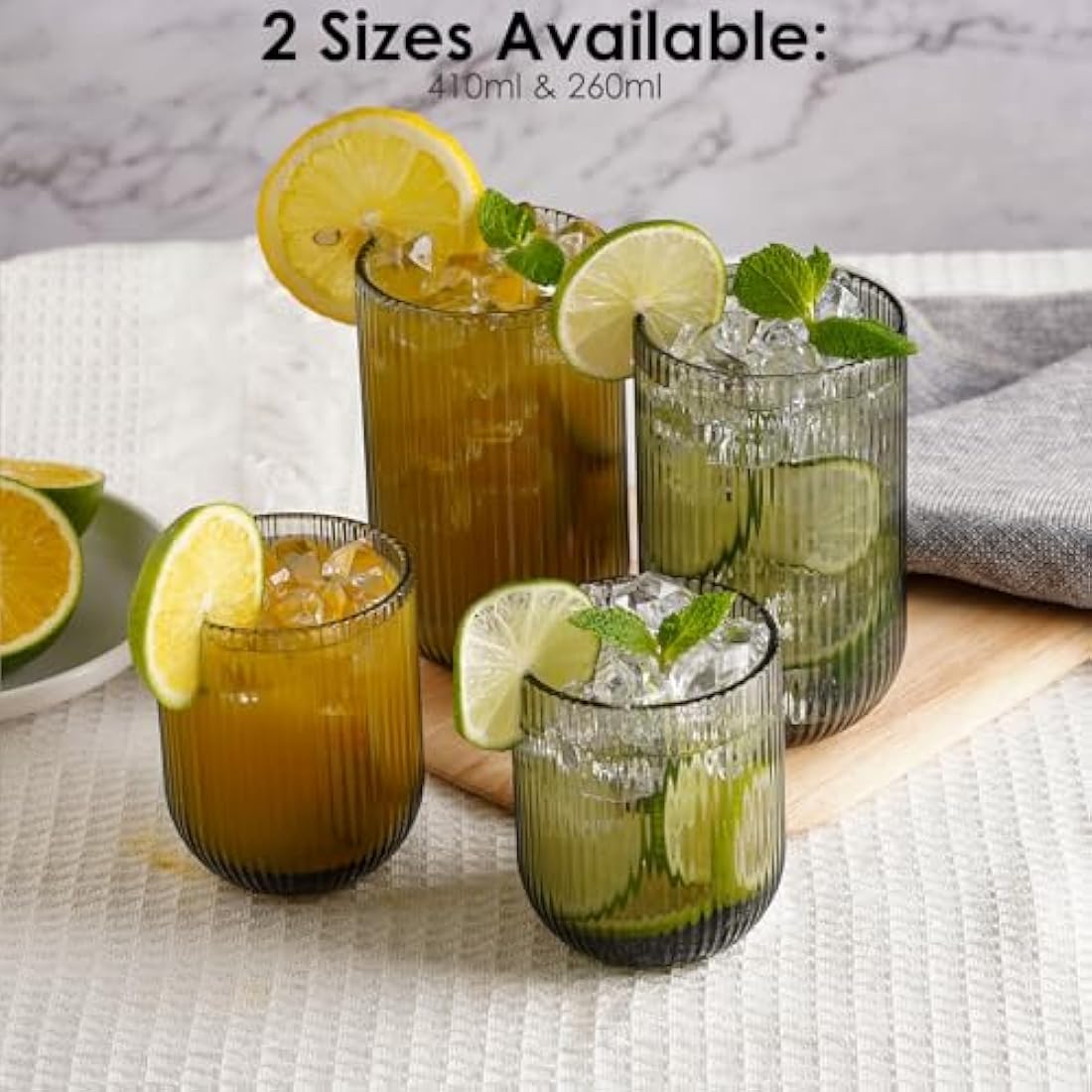 TKNO 6X 410ml Ribbed Highball Glasses Tall Hi Ball Glass Water Gin Juice Cocktail Drinking Glassware Origami Style Fluted Ripple Beverage Tumblers Set, Ideal for Home, Restaurant, Events & Parties