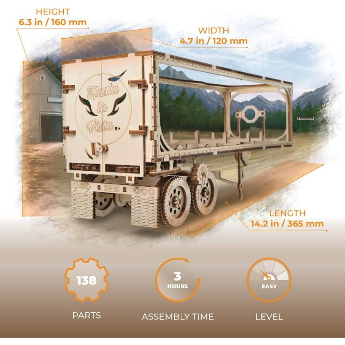 UGEARS Trailer for Heavy Boy Truck VM-03 - Wooden Model Kits for Adults to Build - Mechanical Cargo Trailer with 8 Wheels Car Model Building Kits 3D Wooden Puzzles for Adults for Fathers Day - 138 Pcs