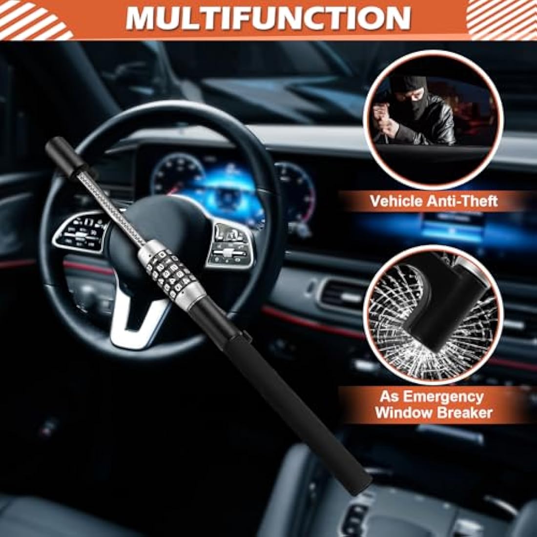 Tevlaphee Steering Wheel Lock, 5-Digit Keyless Combination Anti-Theft Device, Heavy Duty Universal Fit for Cars/SUVs/Vans/Trucks, Adjustable Extendable Design, High Security (Black)
