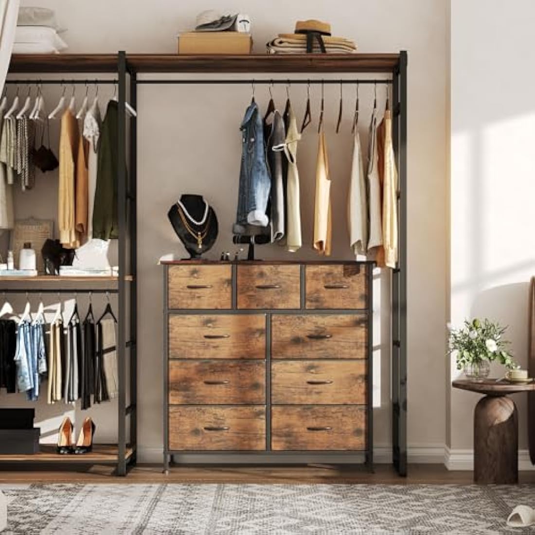 CAIYUN Chest of Drawers,Dresser for Bedroom with 9 Drawers,Fabric Dresser with Wood Top and Large Storage Space, Easy to Assemble, for Bedroom, Living room, Rustic Brown