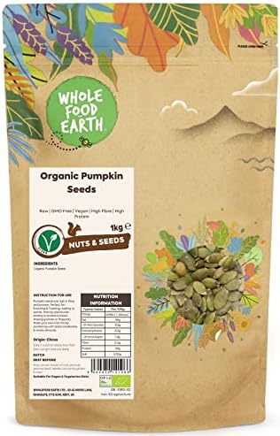 Wholefood Earth Organic Pumpkin Seeds - 1kg - High Fibre - High Protein - Certified Organic