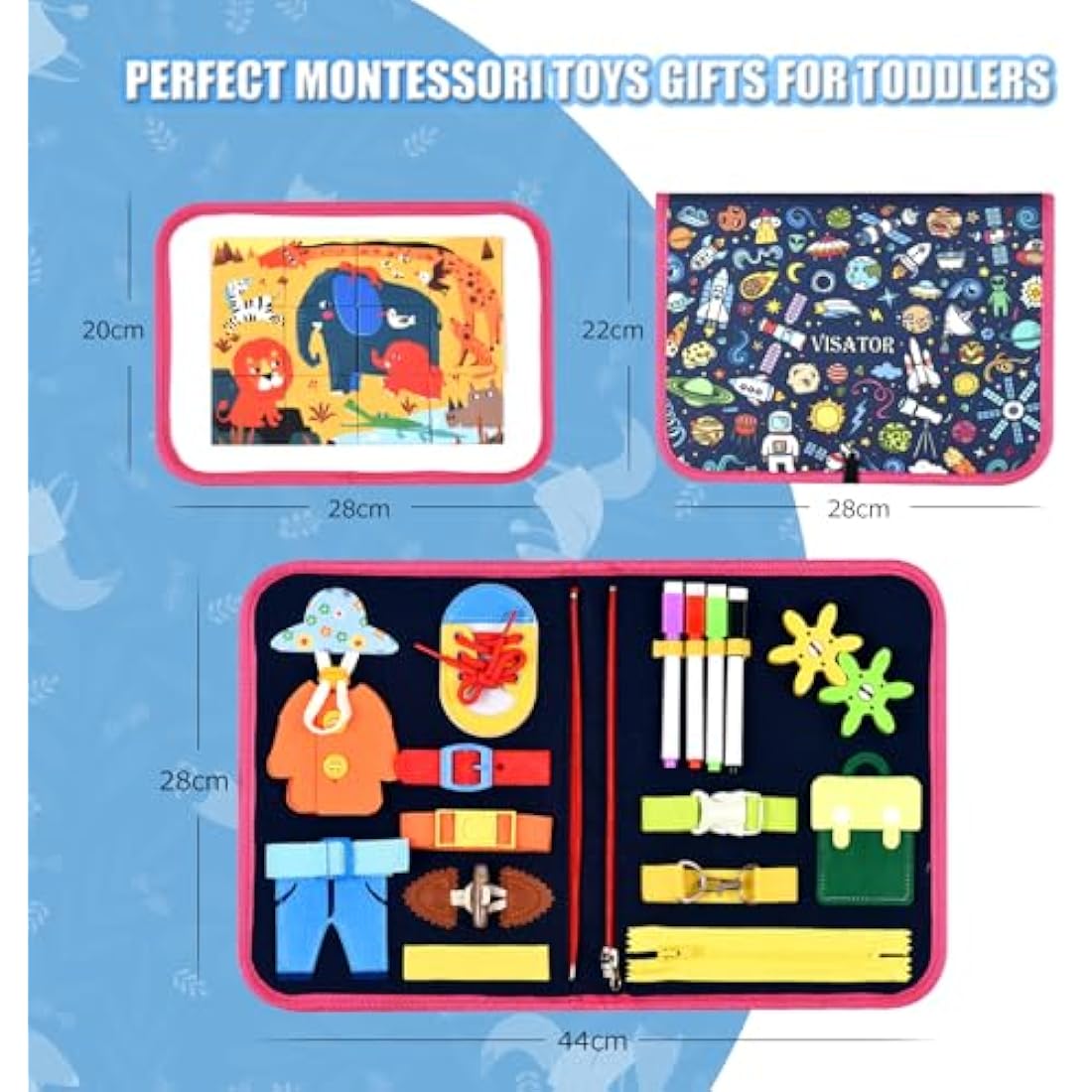 Busy Board Montessori Toys For 1 2 3 4 5 6 Year Old Girls Boys Sensory Toys For Toddlers Preschool Educational Learning Toys Activity Board For Fine Motor Skills Kids Gift Airplane Car Toy (Dark blue)