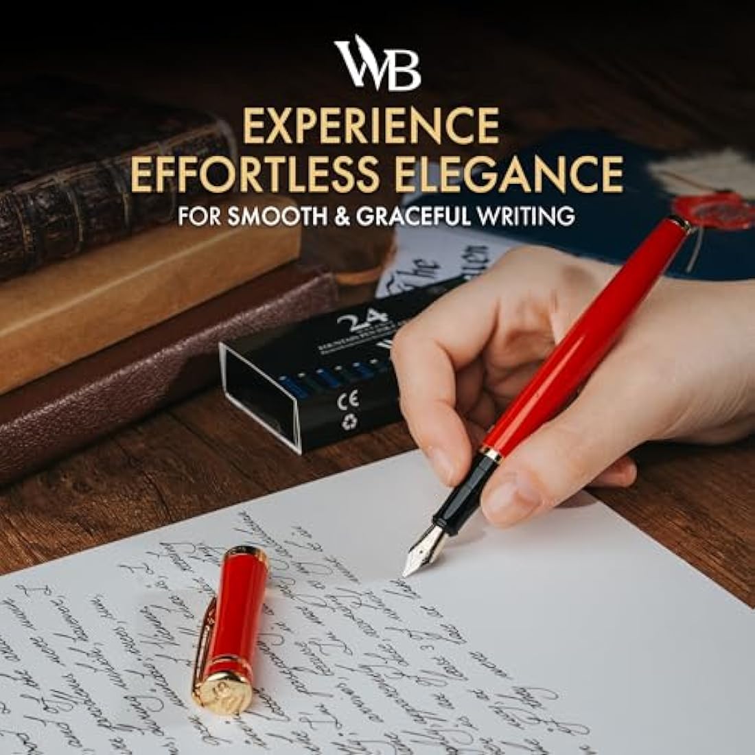 Wordsworth & Black Fountain Pen Set, 18K Gilded Fine Nib, Includes 24 Pack Ink Cartridges, Ink Refill Converter & Gift Box, Gold Finish, Calligraphy, [Crimson Red], Perfect for Men & Women
