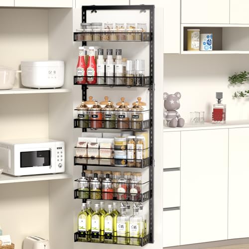 TOPWE Over Door Spice Rack, 6-Tier Adjustable Over the Door Storage, Pantry Door Organizer Shelves with Hook for Each Layer, Back Door Metal Hanging