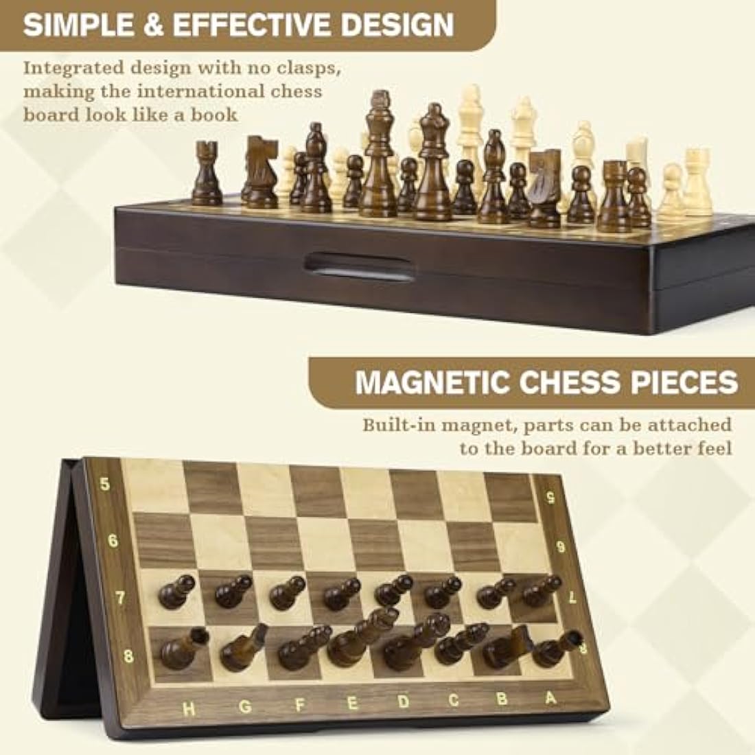 Peradix Chess Set and Draughts Board Games 2 in 1 Set | 15" Magnetic Foldable Walnut Wooden Chess Checkers Board | 2 Extral Queen | Educational Toy Set for Adults and Kids