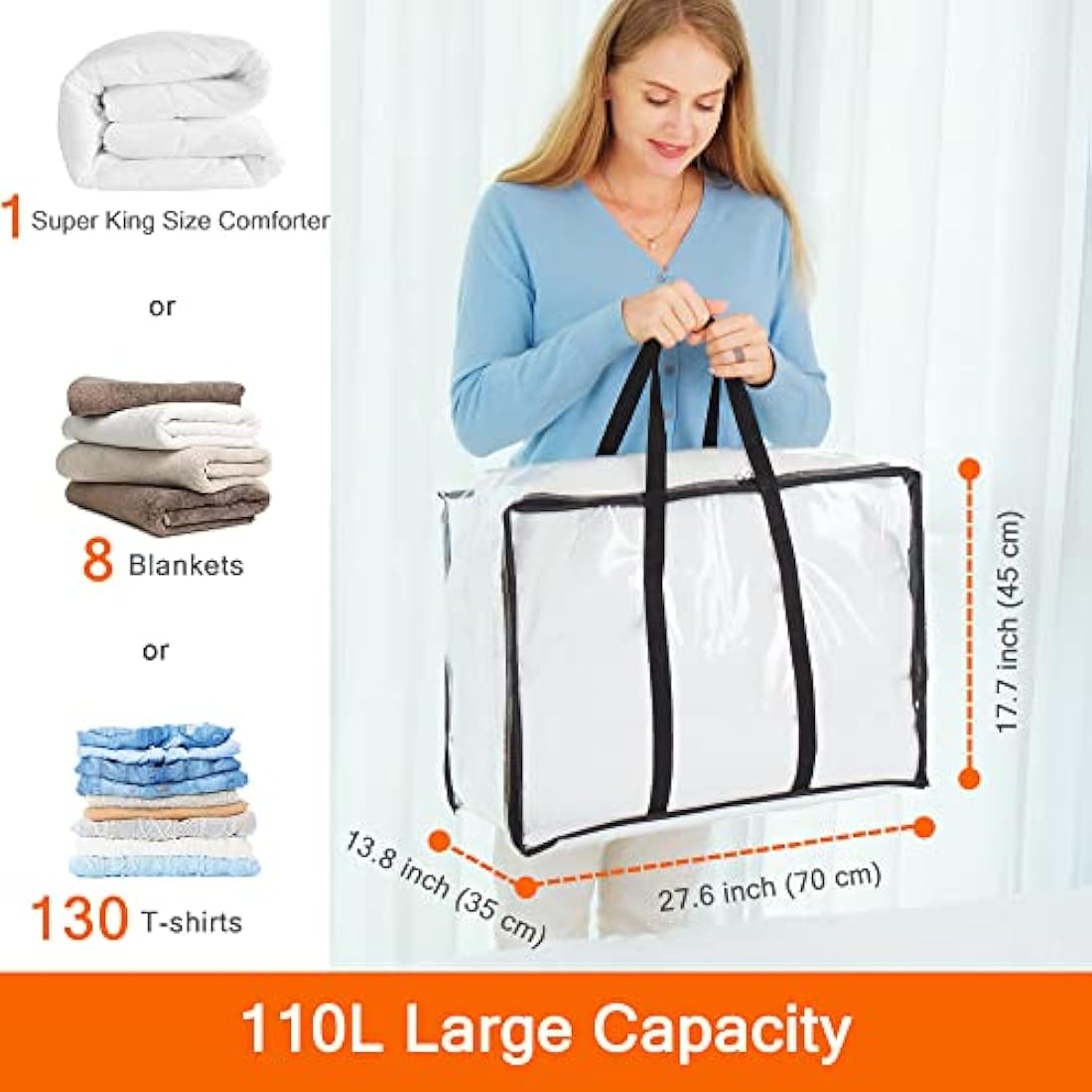 Vieshful 5 Pack Clear Comforter Storage Bag, 110L Clothes Storage Bag with Zipper Closet Organizer, Plastic Storage Containers Moving bags for Comforter, Blanket, Bedding, Duvet, Toys