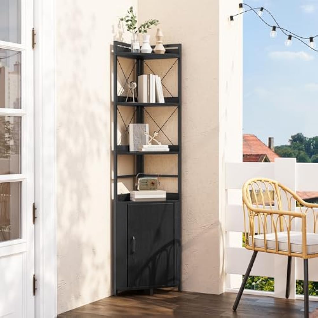 YITAHOME Corner Shelf 4 Tiers, Industrial Bookshelf with Cabinet Floorstanding Bookcase Wooden Storage Rack Shelving Units for Living Room, Home Office, Hallway, Black Book shelves