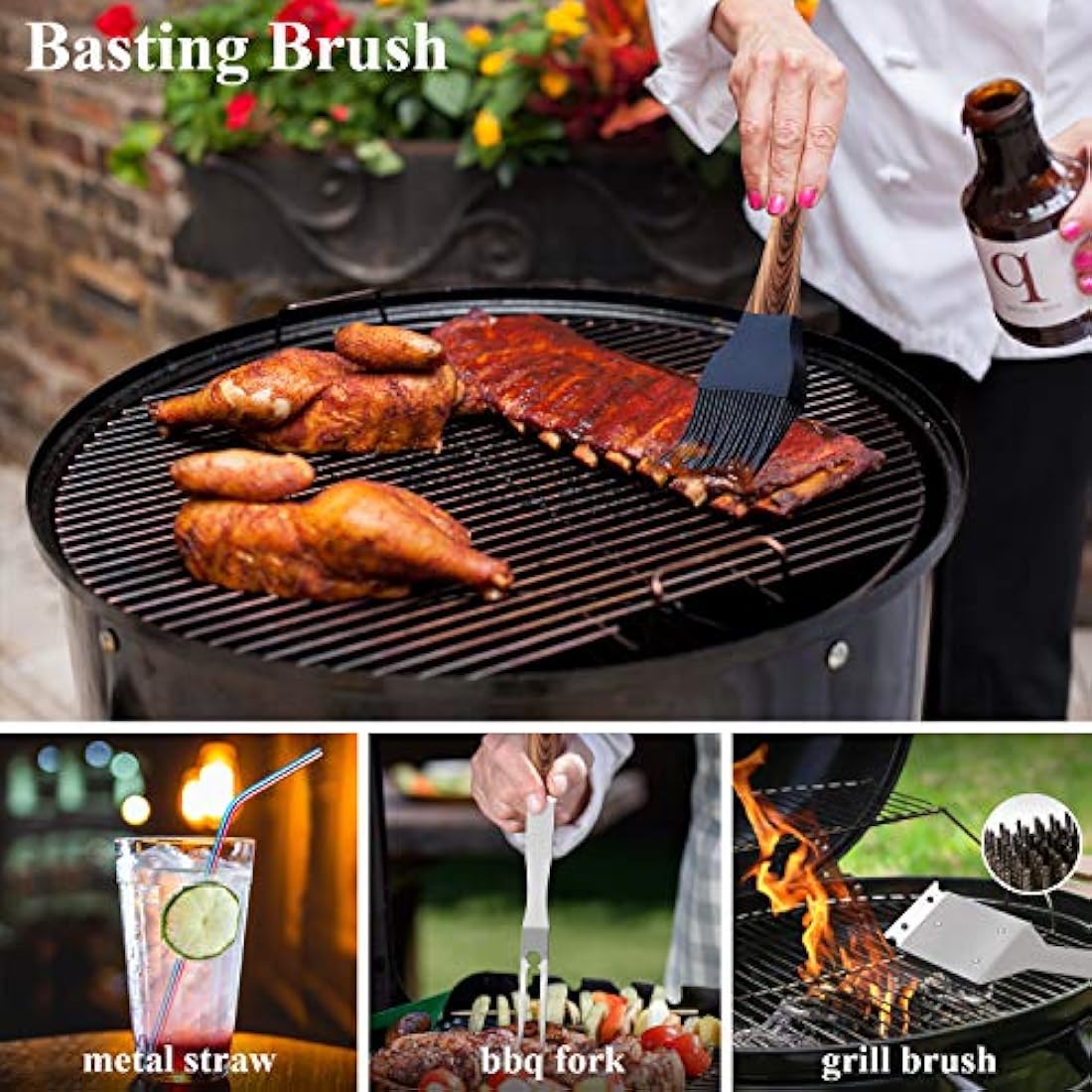 ROMANTICIST 26pcs Extra Thick Stainless Steel Grill Tool Set for Men, Heavy Duty Grilling Accessory Kit for Backyard, BBQ Utensils Gift Set with Meat Thermometer in Aluminum Case for Birthday Brown