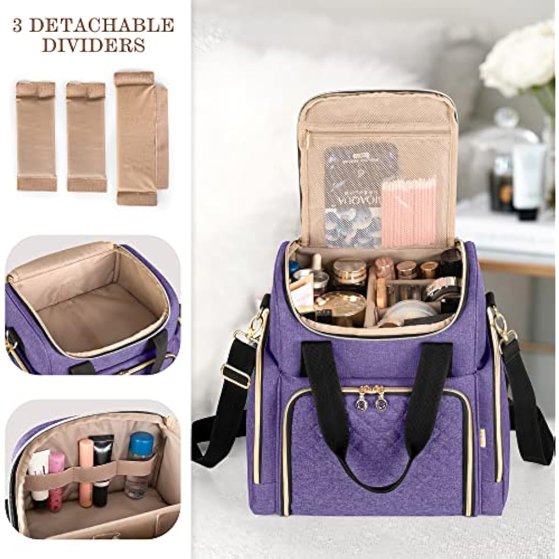 Luxja Travel Makeup Bag with 2 Removable Cases, Cosmetic Bag with Multiple Storage Sections (Patent Pending), Purple