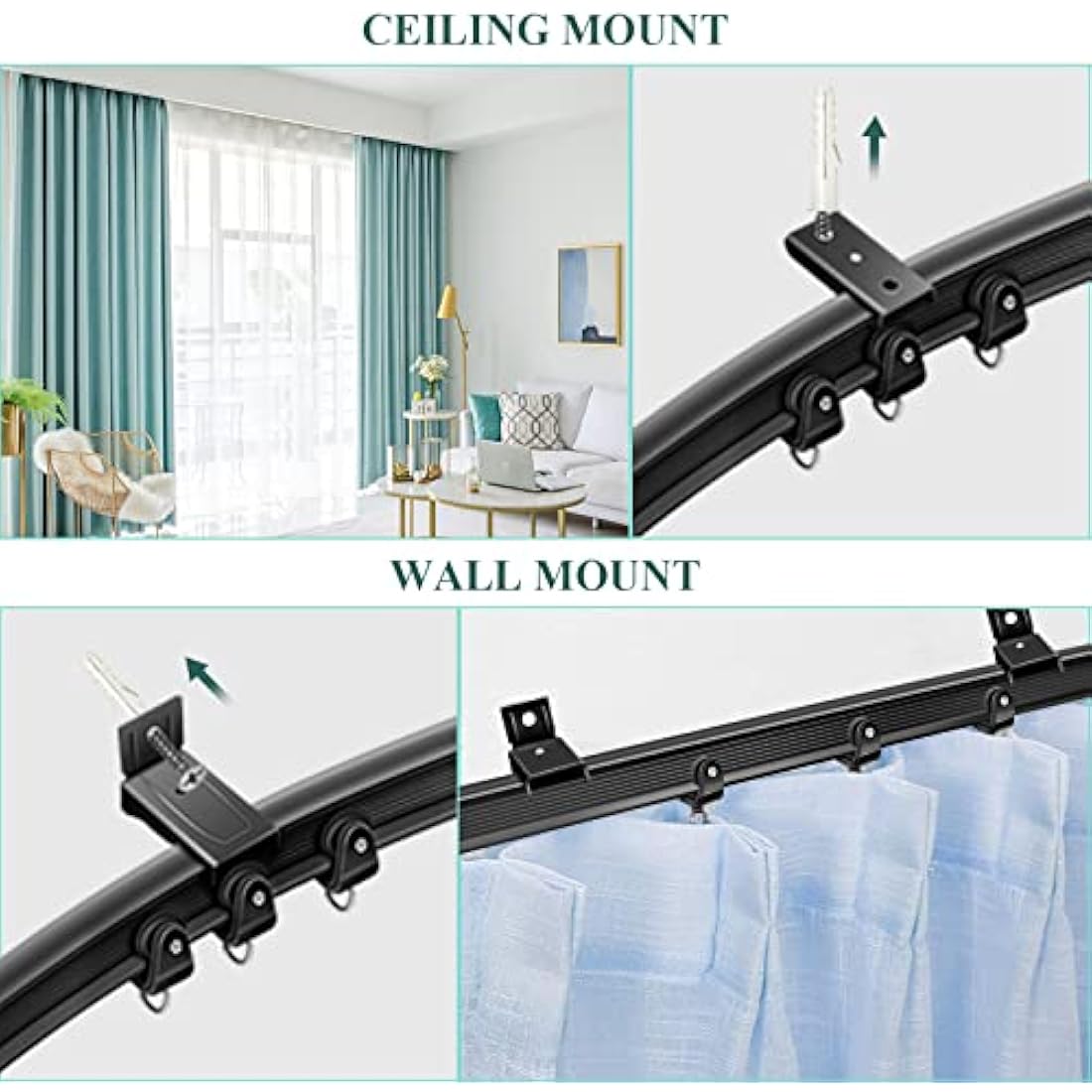 Ceiling Curtain Track for Bay Window, 6M/20FT Flexible Bendable Curtain Rail Track Ceiling Wall Mounted, Plastic Ceiling Track System for Shower Room Divider RV, Black Curtains Tracks and Fittings