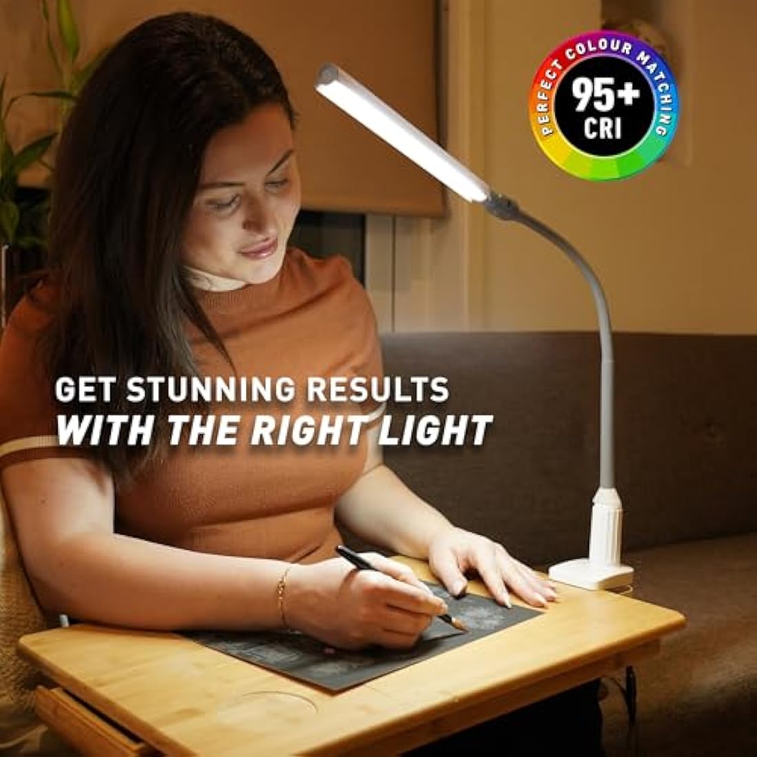 Daylight UnoPro™ Clamp Lamp - High CRI 95 LED (6,000K, 1150 Lux), Anti-Glare Shade, 4 Brightness Levels, Flexible Arm, Sturdy Clamp (White)