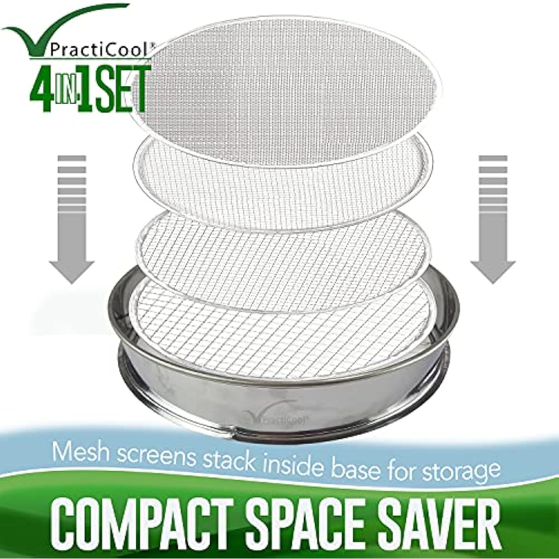 Practicool garden potting mix sieve - stainless steel riddle - soil sifting pan - with 4 interchangeable filter mesh sizes - 3,6,9,12 mm and bonus spade