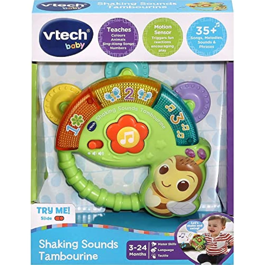 VTech Baby Shaking Sounds Tambourine, Sensory Toy with Lights, Music, Colours, Interactive Gift for Boys & Girls 3, 6, 9, 12, 24 months, English Version