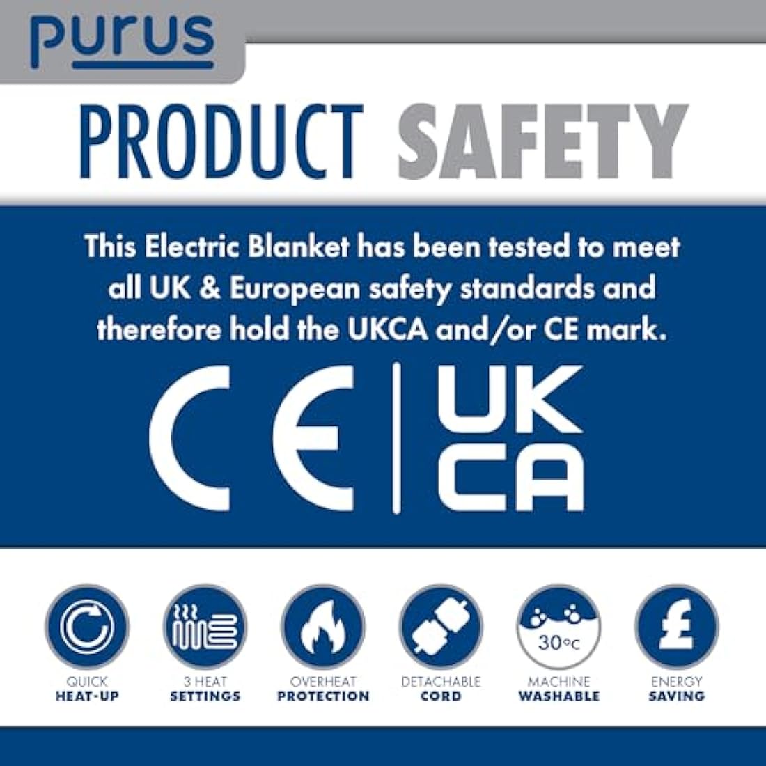 Purus Electric Blanket King Size 155 x 140cm, Soft Polyester Electric Blanket Fitted Underblanket Mattress Cover, 3x Heat Settings, 1x Controller and Machine Washable Heated Blanket