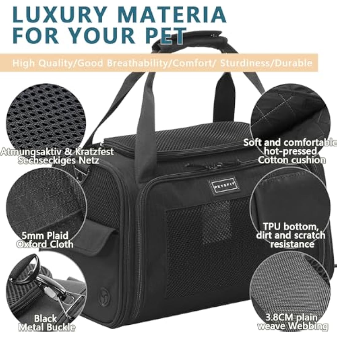 Petsfit Pet Carrier Airline Approve Cat Carrier Soft Sided,Expandable mat and Ventilation Mesh Lightweight Pet Carrier Bag for Cat and Small Dogs, Black