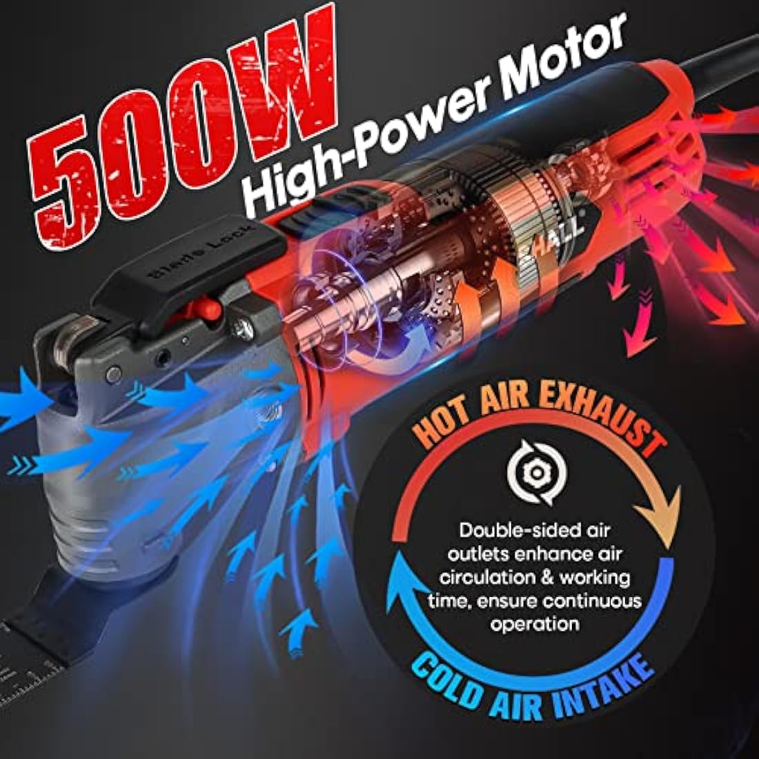 SHALL Oscillating Tool, 500W Oscillating Multitool Kit with 5° Oscillation Angle, Quick Change & Kickback Protection, 6 Variable Speeds, Auxiliary Handle, 34Pcs Saw Accessories and Carry Bag Included
