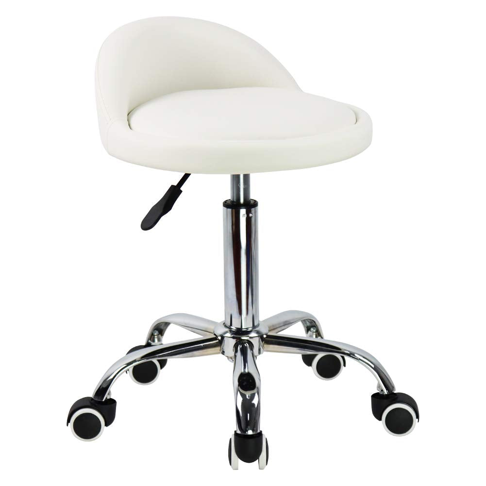KKTONER PU Leather Round Rolling Stool with Back Rest Height Adjustable Swivel Drafting Work SPA Task Chair with Wheels (White)