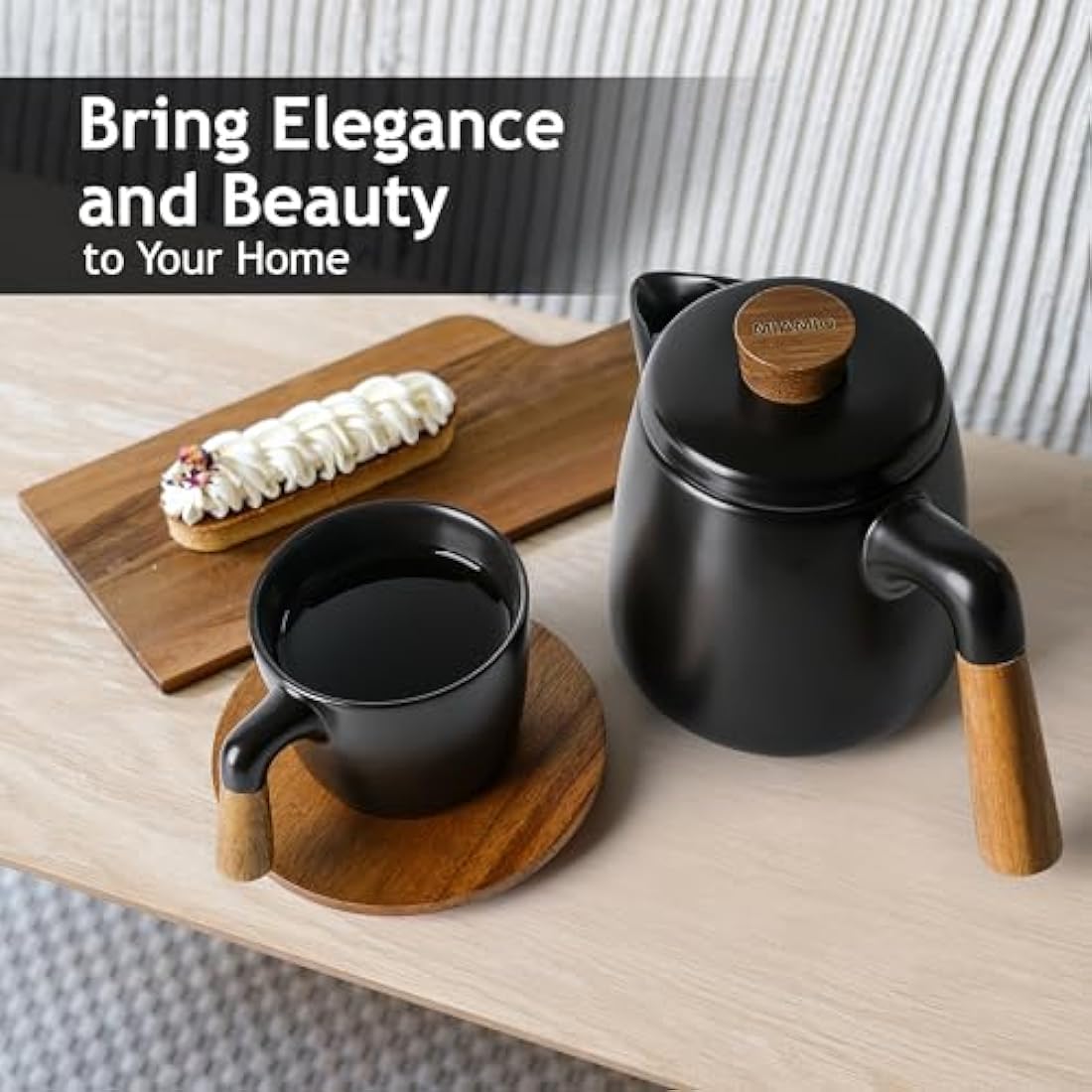 MIAMIO – 1000 ml Ceramic Tea Pot Set with Infuser and Cups/Tea Strainer, 4 Ceramic Tea Mugs (300 ml), Bamboo Saucers/Handle for Home and Office (Black)