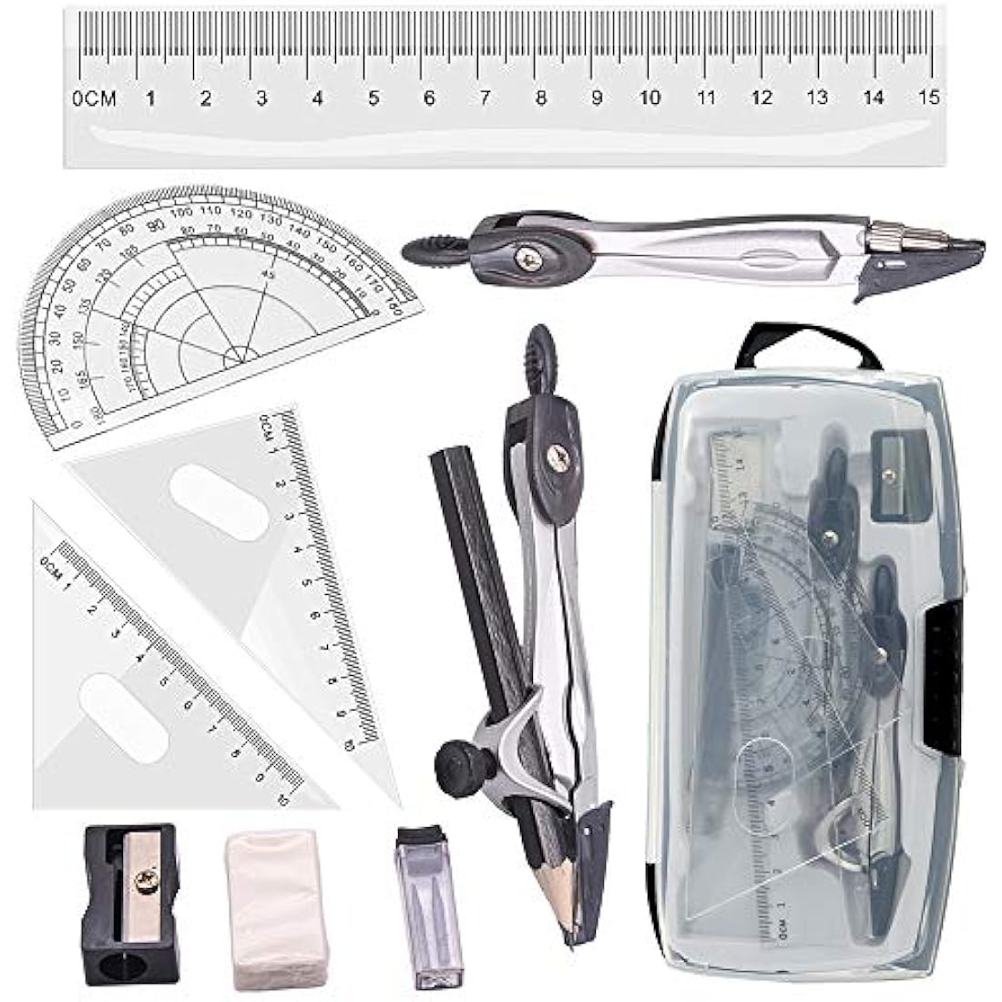 Tuloka Drafting Geometry Compasses 10pcs School Maths Full Set Protractor Rulers for Students Maths and Home Schooling in Carry Case