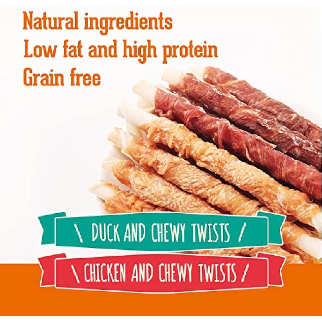 PACK'N PRIDE Dog Treats Chewy Twists, 20 Pack*90g=1.8kg, Rawhide Dog Chews with Natural Chicken&Duck Meat Winded, Low-Fat, and High in Protein for Small&Medium&Large Dogs