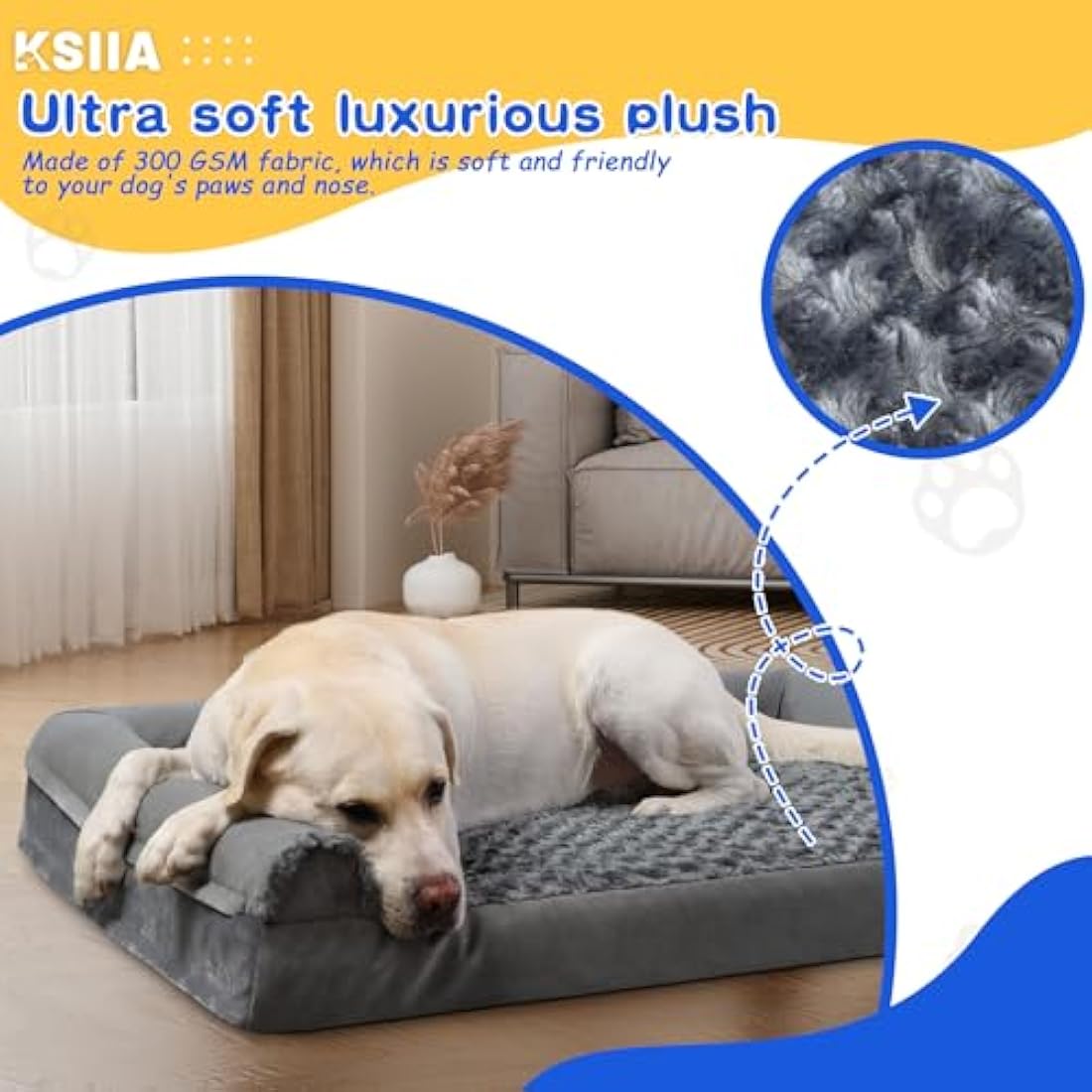 KSIIA Large Dog Bed, Orthopedic Dog Sofa Beds Couch with Removable Washable Cover, Waterproof Pet Sofa with U-Shape Bolster, Grey 88.9x55.88x16cm