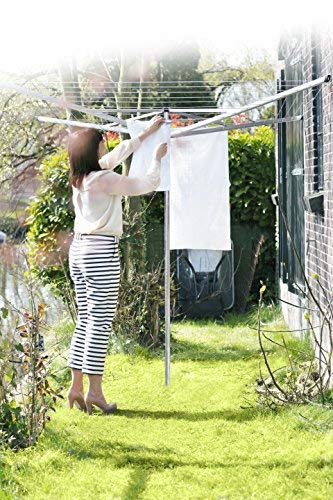 Brabantia 40m Essential Rotary Washing Line (Metallic Grey) Collapsible Umbrella System, 4 Arm Outdoor Clothes Dryer + 35mm Plastic Ground Tube
