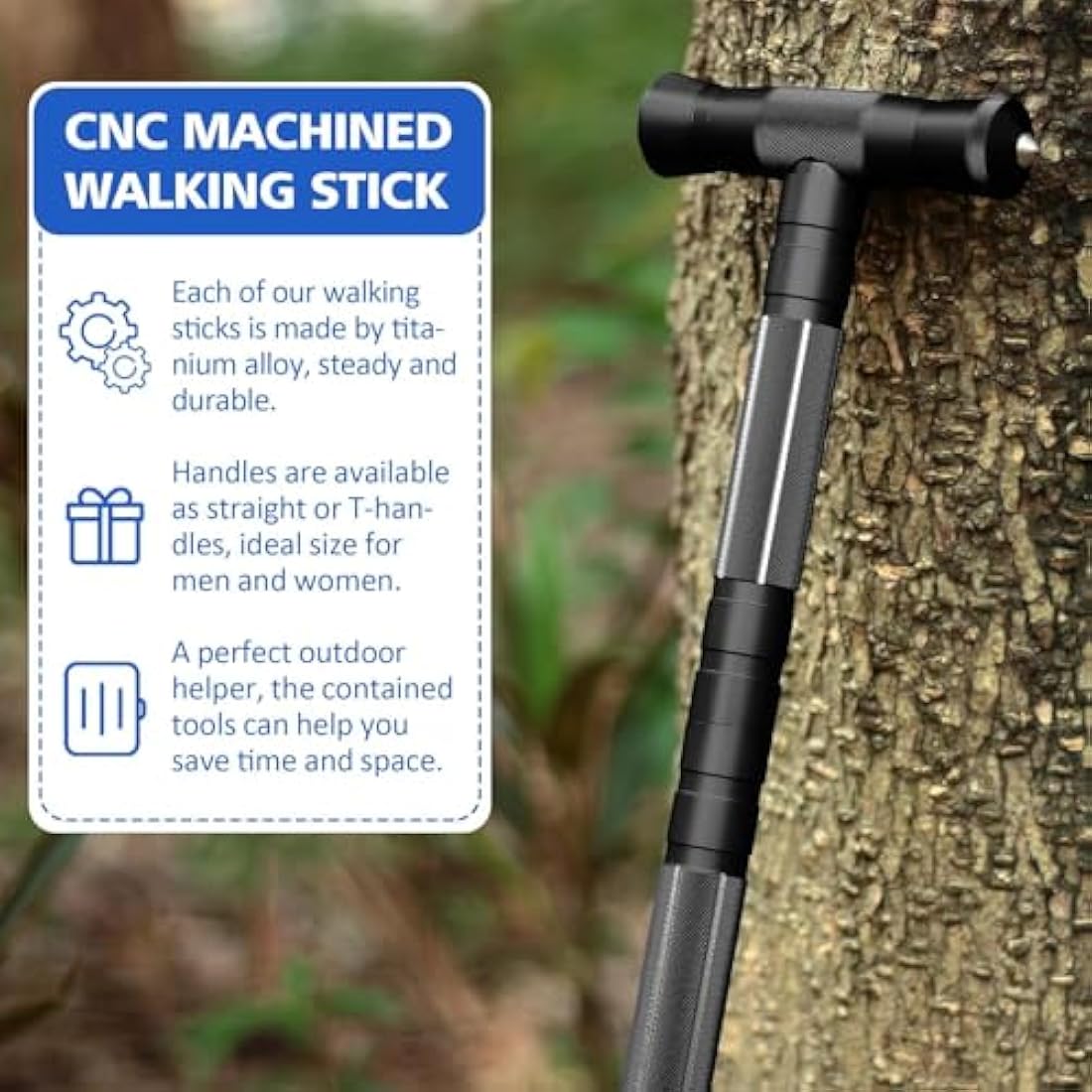 aiGear Tactical Stick/Hiking Walking Trekking Poles | CNC Machined Aluminum Tactical Cane - Adjustable Length | For Hiking Camping Mountaining Backpacking | Color Black