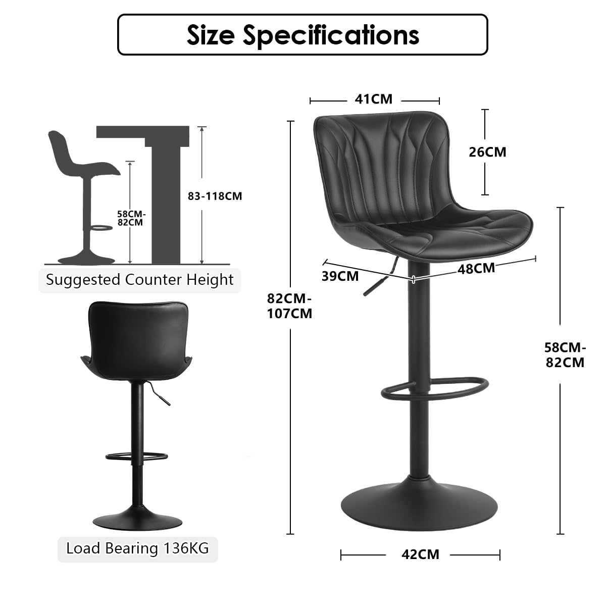 Kidol & Shellder Bar Stools Set of 2 Swivel Breakfast Barstools, Black