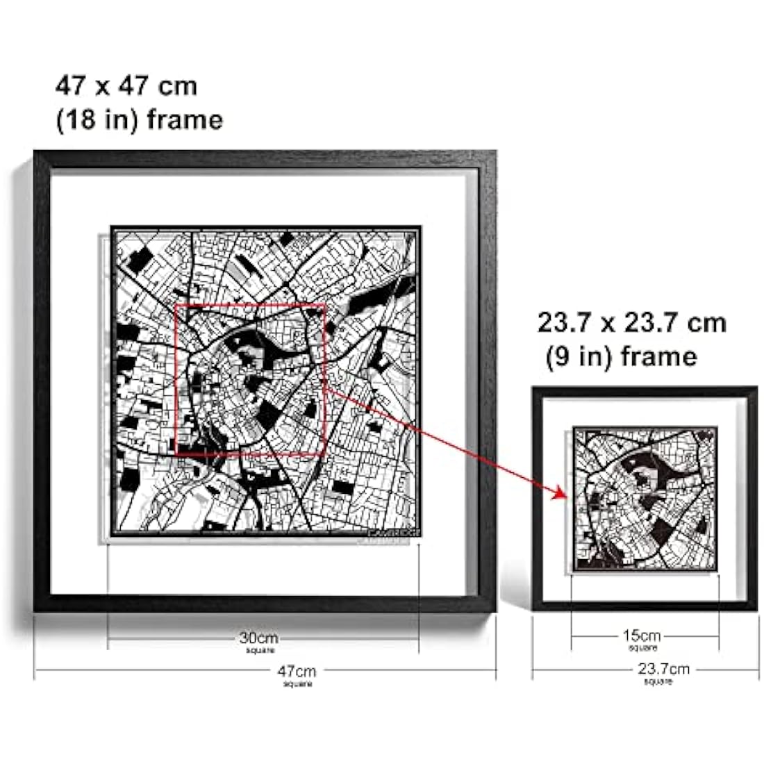 O3 DESIGN STUDIO Cambridge PPaper Cut Map framed, Black map, Black frame, 9x9 inches, Gift Boxed, 2 background color, self-changing, Paper Art