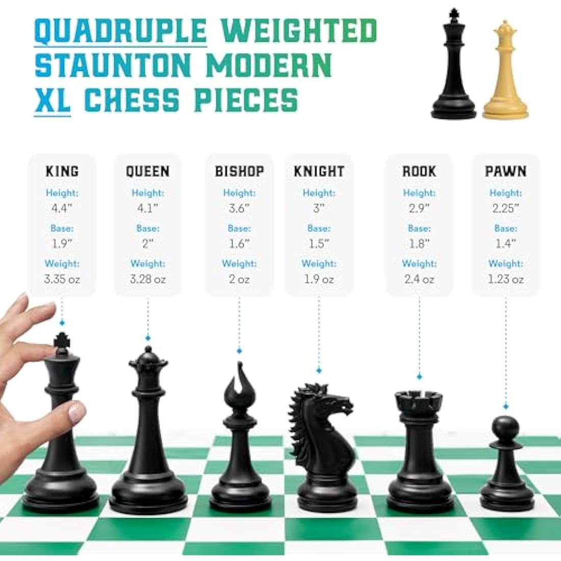 Best Chess Set Ever 4X Tournament Chess Set with XL Staunton Quadruple Weighted Pieces (11.4 cm King) for Adults & Kids – Foldable Roll-up Double-Sided 50x50 cm Silicone Board Mat, Ideal for gifting