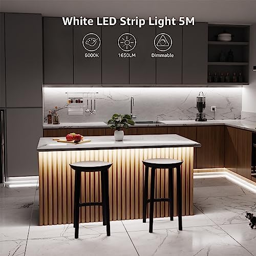 Lepro LED Strip Light White 5M 300 LEDs, 1650lm Dimmable Strip Lights for Kitchen, Cool White 6000K Daylight LED Strip for Under Units Cabinet Cupboards (12V Power Plug and Dimmer Switch Included)