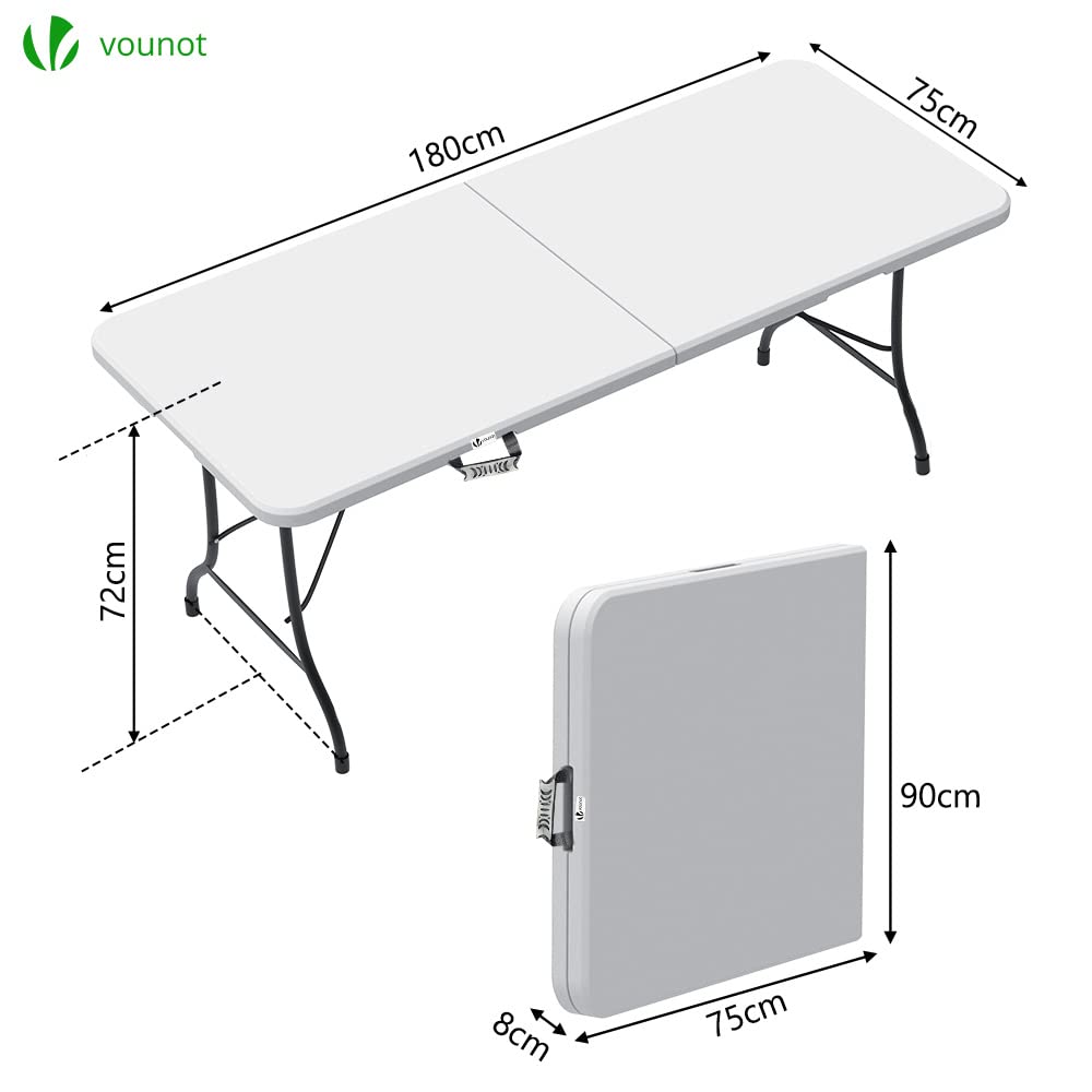 VOUNOT? Folding Picnic Table Portable Heavy duty Party Trestle Table 180 x 75 x 72cm for BBQ Camping Indoor Outdoor, White