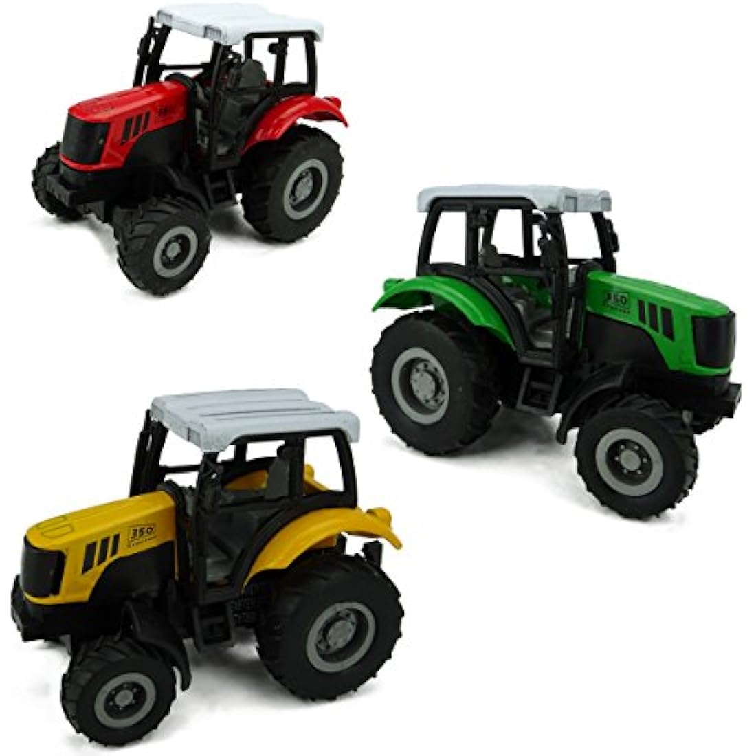 Pack of 3 - Die Cast Pull Back Tractor - Farm Toys - 1 Yellow, 1 Red, 1 Green Tractor