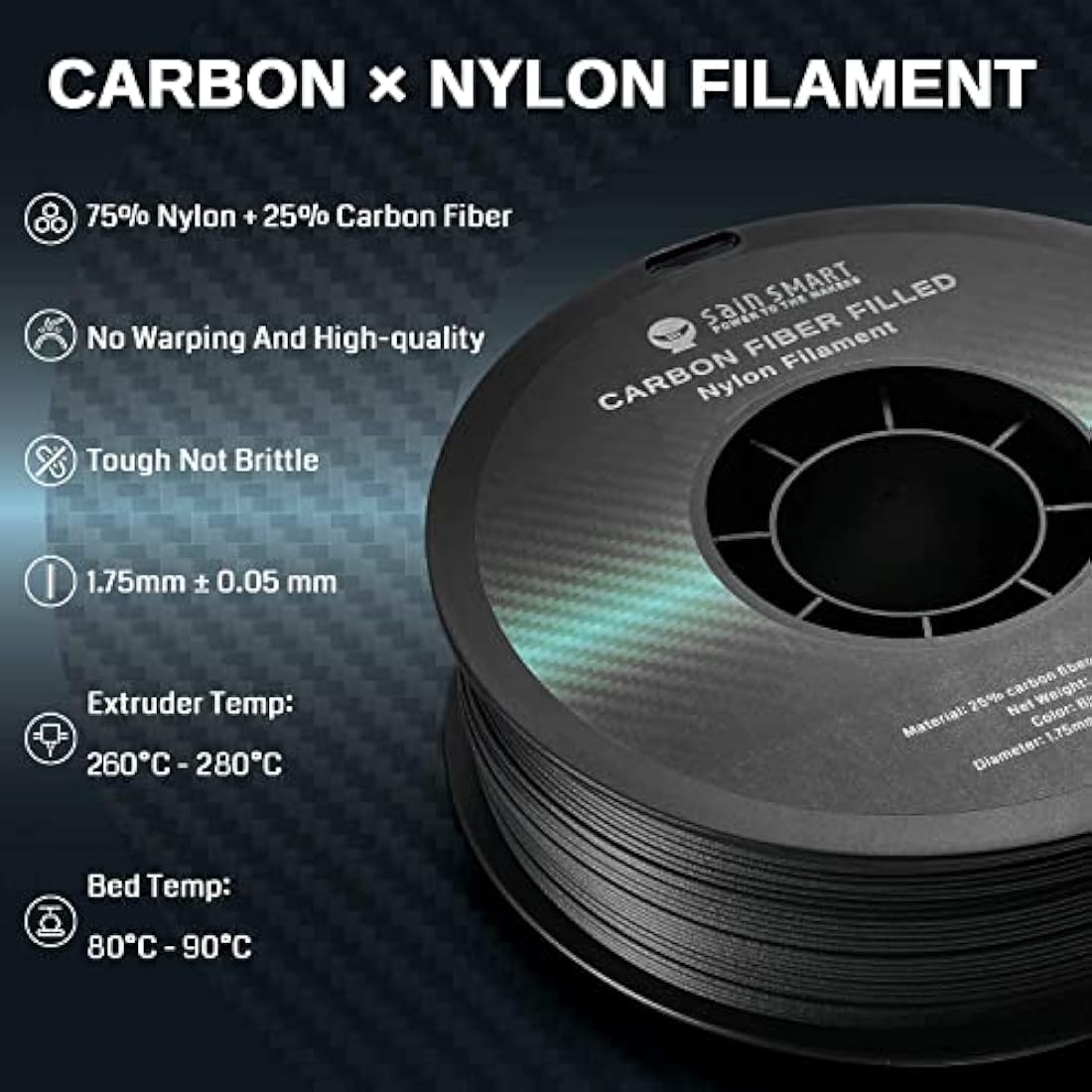 SainSmart 1.75mm Black ePA-CF Carbon Fiber Filled Nylon Filament 1KG (2.2lbs) Spool for 3D Printer