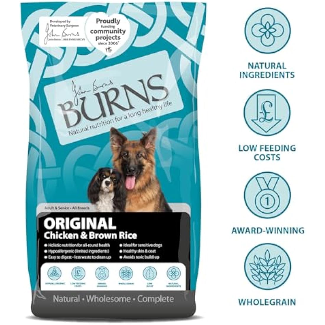 Burns Pet Nutrition Hypoallergenic Complete Dry Dog Food Adult and Senior Dog Original Chicken and Brown Rice 12 kg