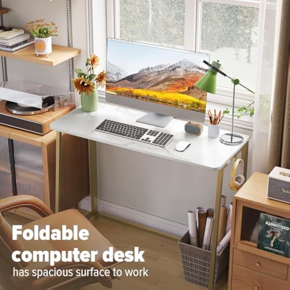 WOHOMO Folding Desk, Small Writing Desk, Space-Saving Foldable Laptop Table Writing Workstation for Home Office, Easy Assembly, White and Gold
