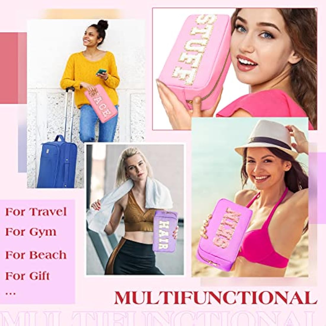 4 Pcs Preppy Makeup Bag Chenille Letter Nylon Cosmetic Bag Makeup Organizer Bag Toiletry Cosmetic Case Preppy Bag with Zipper Stuff Bag Cosmetic Pouch Makeup Pouch for Women Teen Girl, Mixed Colors