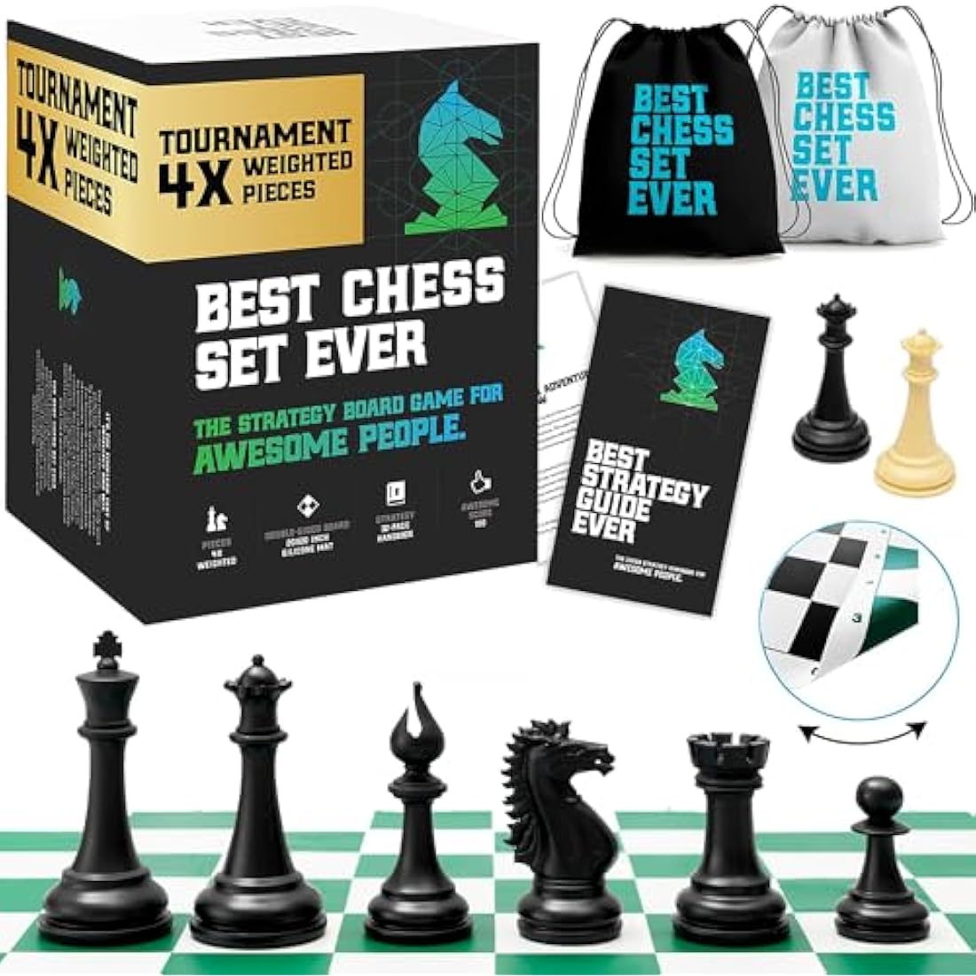 Best Chess Set Ever 4X Tournament Chess Set with XL Staunton Quadruple Weighted Pieces (11.4 cm King) for Adults & Kids – Foldable Roll-up Double-Sided 50x50 cm Silicone Board Mat, Ideal for gifting