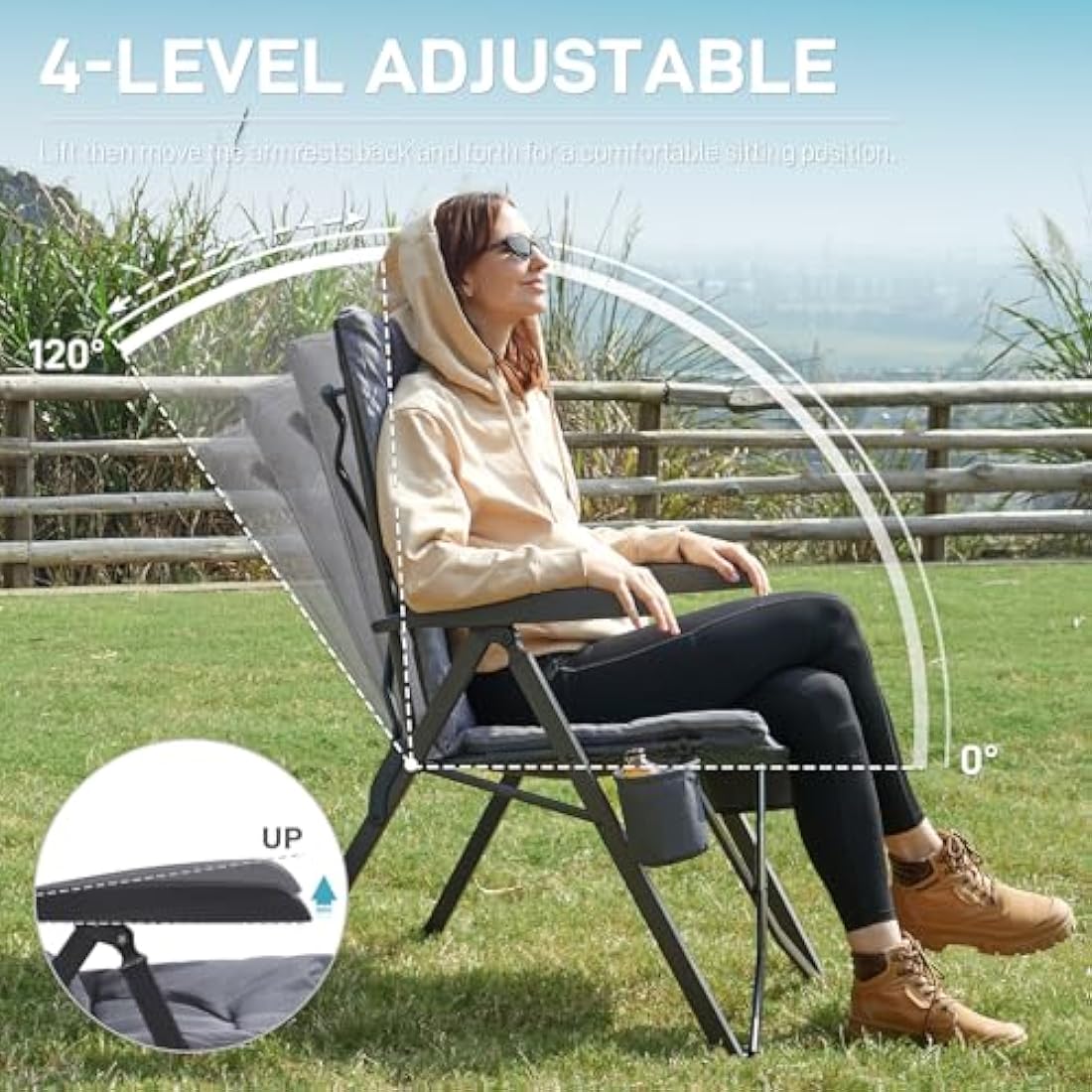 EVER ADVANCED Luxury Camping Chairs for Adults Heavy Duty Loadable 150kg High Back Oversized Folding Garden Chair Padded 6cm Comfy with Cup Holder Side Pocket Dining Chairs 4-Position Recliner