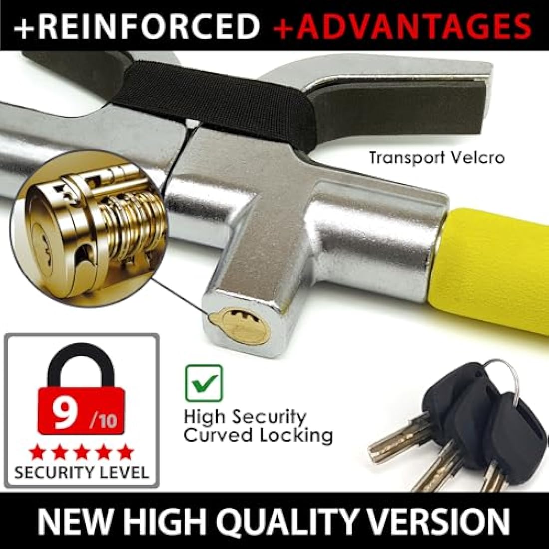KRASER WA839Y Steering Wheel Lock High Security Bar, More Visible, Deterrent, Adjustable Double Hook Locking, Emergency Hammer, Universal Anti Theft Lock for Car, Truck, Van, Camper, Golf Cart